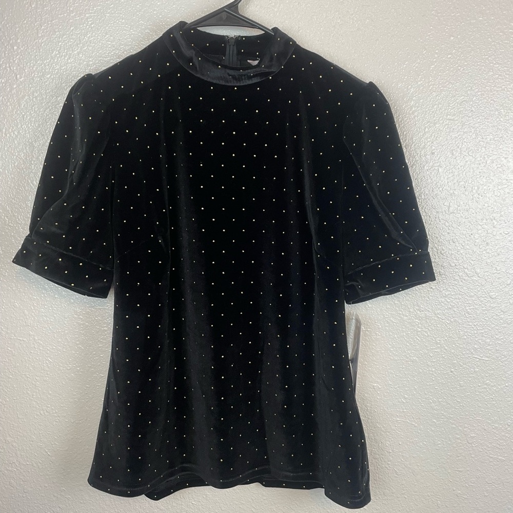 Nanette Lepore Very Black Gold Bead Detail Top Medium New Short Sleeve